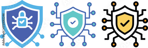 Cybersecurity safety shield icons in various modern colors representing data protection
