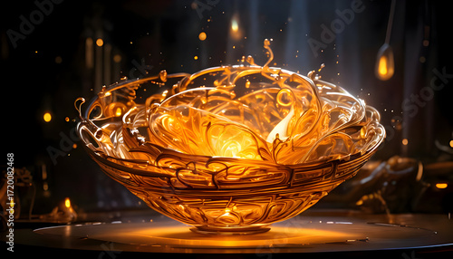 Create a whimsical 3D illustration of a hovering glazed porcelain golden neon glow light on digital art concept, Generative AI.