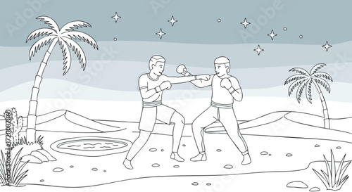 Line art illustration of two male boxers sparring in a desert oasis at night, with stars and palm trees, depicting competitive combat and athletic training
