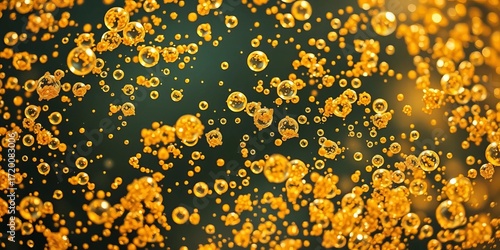 Fototapeta Naklejka Na Ścianę i Meble -  Close-up of effervescent champagne gold bubbles rising in liquid, drink, summer
