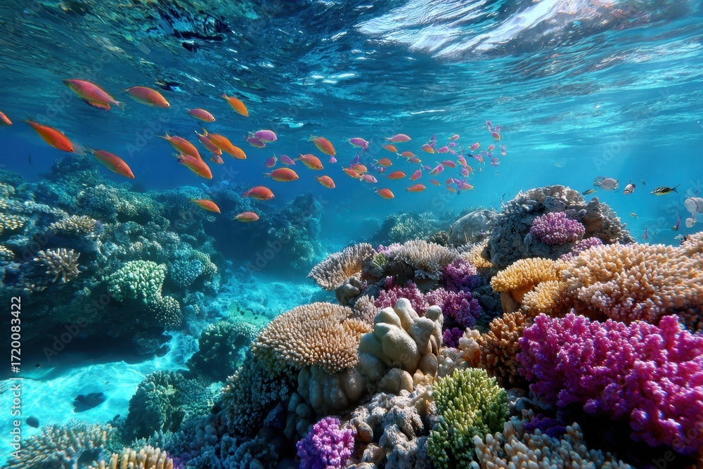 Fototapeta premium Vibrant Coral Reef with Colorful Fish and Sunlight