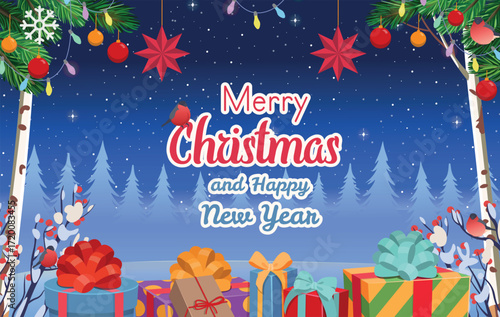 Christmas background with  red retro car carrying a Christmas tree and gifts.Winter forest in winter. Concept of winter and christmas banner, sticker label and greeting card. Cartoon vector