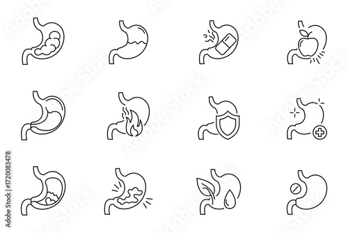 Stomach Health Line Icons Set, Digestive System and Gastric Care Outline Symbols, Human Organ Vector Illustrationstomach