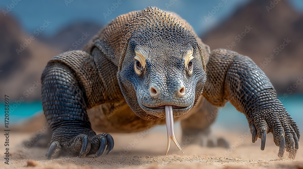 Obraz premium Komodo Dragon Crawling Towards Camera on a Beach with Tropical Background