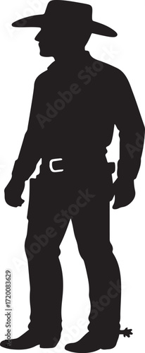 Silhouette of a cowboy with spurs, a belt buckle and gun holster western