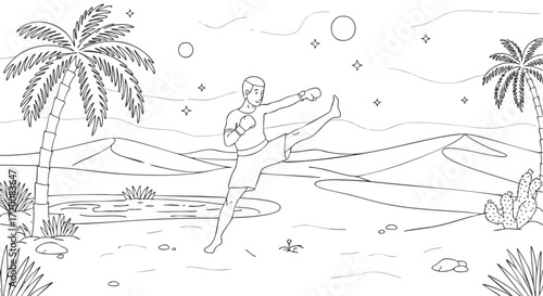 Vector line art of a martial artist executing a high kick in a desert oasis landscape with palm trees, ideal for a coloring book page