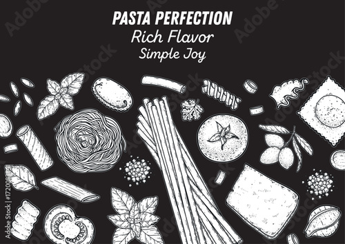Traditional Italian pasta sketch. Italian food. Staple food. Hand drawn vector illustration. Background for packaging, menu. Top view. Not AI