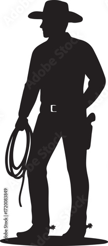 Silhouette of a cowboy holding a lasso with spurs and gun holster western