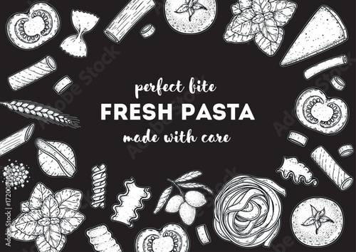 Traditional Italian pasta sketch. Italian food. Staple food. Hand drawn vector illustration. Background for packaging, menu. Top view. Not AI