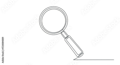 Minimalist continuous line drawing of a magnifying glass, symbolizing search, focus, and discovery on a clean white background.