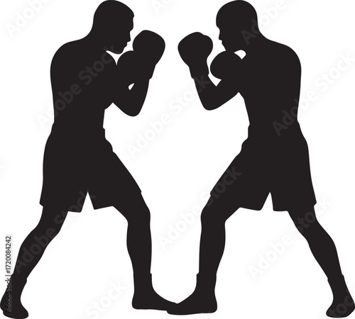 Silhouette of two boxers facing each other on white background Keywords: boxing, boxers, fight, combat