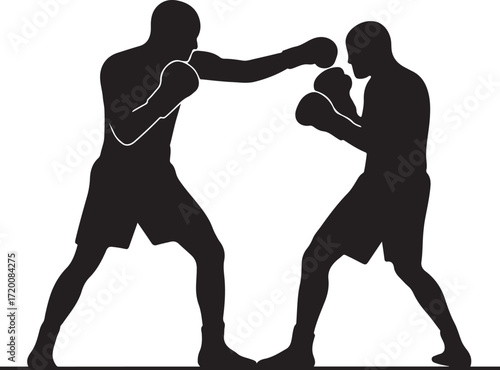 Silhouette of two boxers sparring on white background Keywords: boxing, boxers, fight, combat, sport