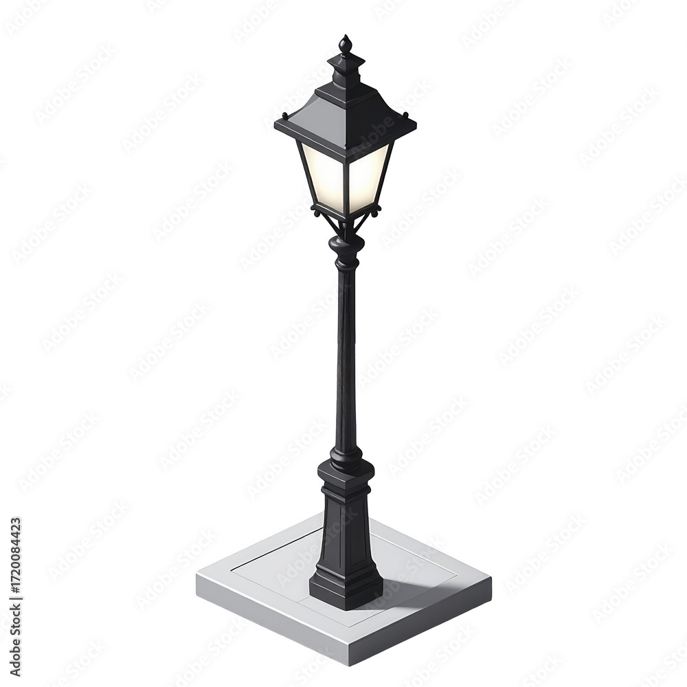 Obraz premium A 3D model of a classic, black street lamp, illuminated with a bright light source, and presented on a light gray base.