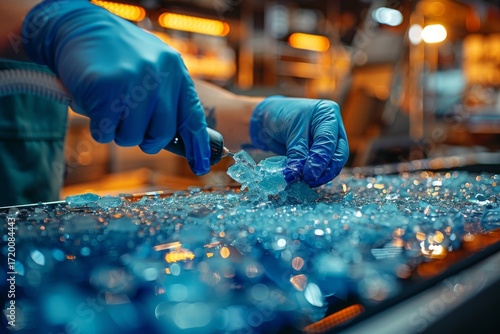 Craftsperson shapes blue glass shards in a workshop during afternoon light in an artistic glass production process