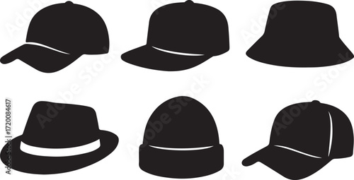 Six Silhouette Hats Including Baseball Caps and Fedoras bucket hat