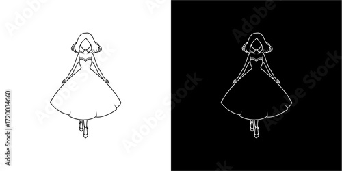 Line art illustration of a woman in a dress, presented in both white on black and black on white.