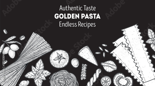 Traditional Italian pasta sketch. Italian food. Staple food. Hand drawn vector illustration. Background for packaging, menu. Top view. Not AI