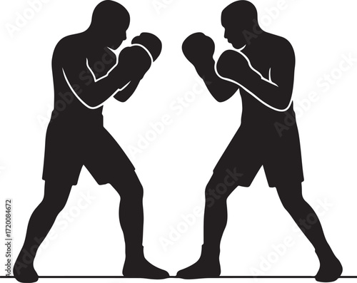 Two boxers in silhouette with boxing gloves and shorts on white background Keywords: boxing, fighter, sport