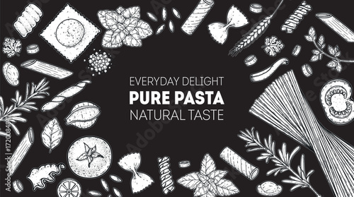 Traditional Italian pasta sketch. Italian food. Staple food. Hand drawn vector illustration. Background for packaging, menu. Top view. Not AI