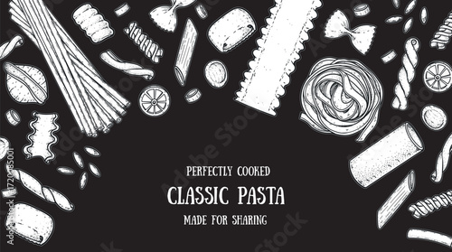 Traditional Italian pasta sketch. Italian food. Staple food. Hand drawn vector illustration. Background for packaging, menu. Top view. Not AI