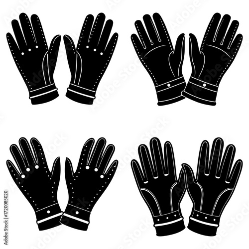 Four pairs of black leather gloves with decorative stitching and wrist details are displayed in a grid layout