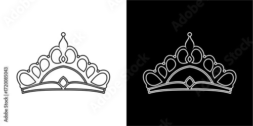 Elegant tiara design, shown in black and white variations.  A simple line drawing of a crown.
