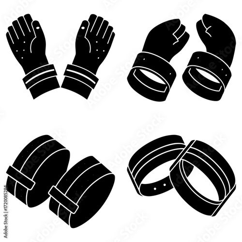Illustration of four pairs of wrist accessories including gloves and wristbands in black and white