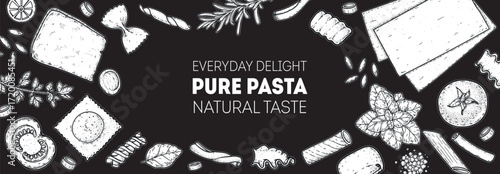 Traditional Italian pasta sketch. Italian food. Staple food. Hand drawn vector illustration. Background for packaging, menu. Top view. Not AI