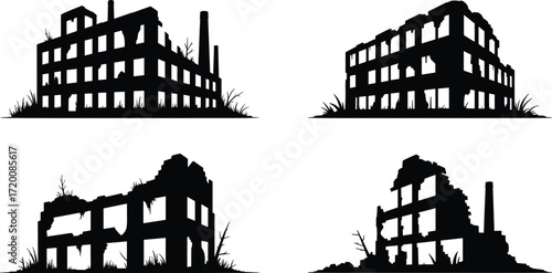 A silhouette vector set of ruined industrial buildings, this collection depicts abandoned factories in a state of decay for post-apocalyptic or urbex themes