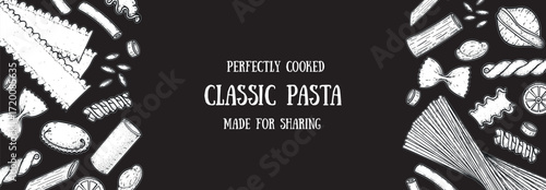 Traditional Italian pasta sketch. Italian food. Staple food. Hand drawn vector illustration. Background for packaging, menu. Top view. Not AI