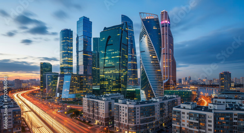 Moscow City Business Center at blue hour, showcasing modern illu