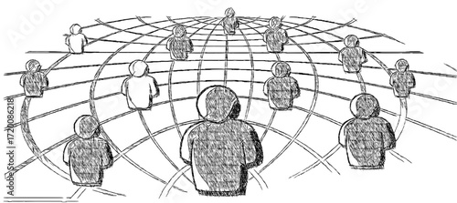 Connected global network of people working together worldwide with social connections
