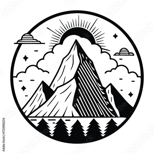 a-black-and-white-drawing-of-a-mountain-with-a-sun 