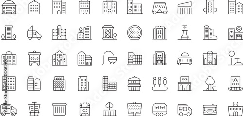 Modern cityscape icons set green line art building symbols