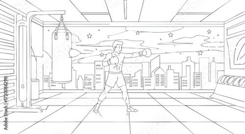 Boxer Training in the Gym Vector Illustration of a Man Practicing Boxing Punches in a Training Center