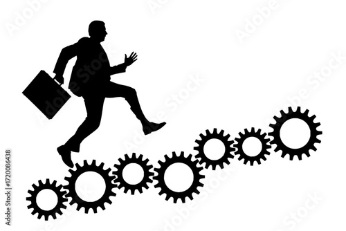 Dynamic businessman leaping on gears to achieve success, strategic planning for growth and innovation