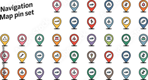 Navigation map pin with air icon bundle set colorful vector silhouette art for location services