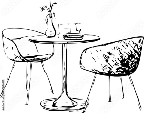 Elegant cafe table setting with two chairs, drinks, and vase creates inviting atmosphere
