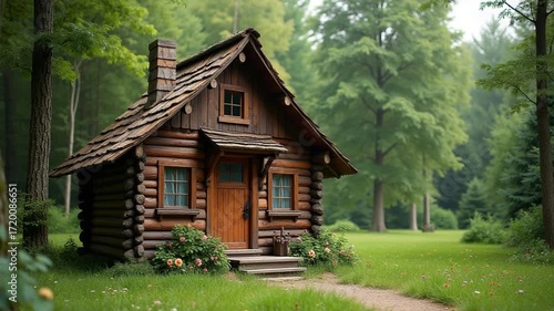 Details of a summer park with traditional russian fairytale wooden houses surrounded