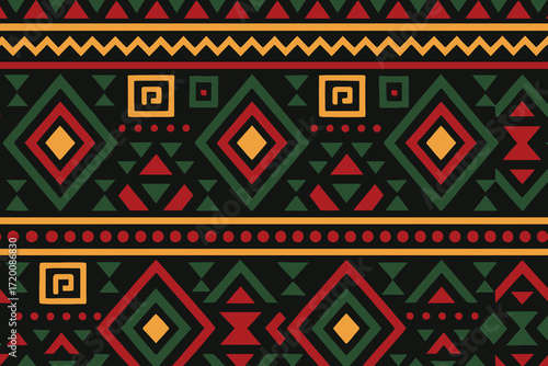 Vibrant african tribal geometric pattern with diamond shapes and zigzag lines in red green and yellow