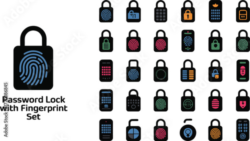 Password lock with fingerprint icon bundle set colorful vector silhouette art Secure digital access