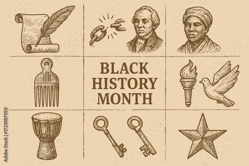Black history month celebration with historical figures and symbols of freedom and heritage