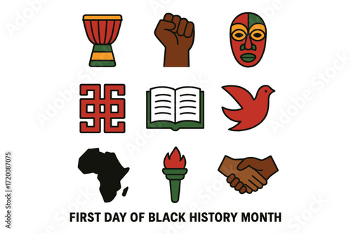 Collection of african american cultural symbols celebrating black history month and heritage