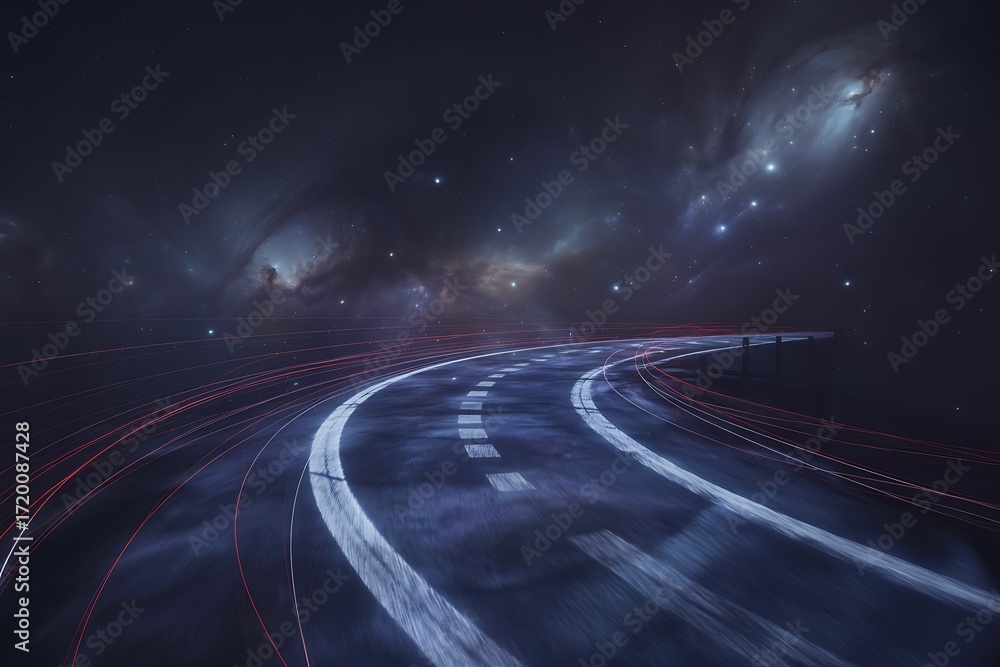 Obraz premium Futuristic highway leading to a stunning galaxy with vibrant stars and swirling nebulae, perfect for innovative concepts