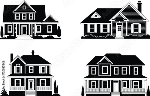 A vector icon set of American suburban family homes, this collection is perfect for real estate, property, and housing industry marketing materials