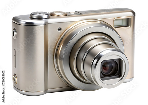 Compact Digital Camera with Extended Lens and Metallic Finish compact camera point and shoot isolated on a transparent background