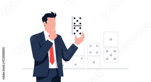 Businessman contemplating the domino effect implications for strategic planning and risk management
