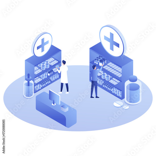 Pharmacy Store Interior with Medicine Shelves Isometric Vector