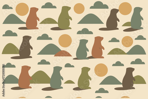 Charming seamless pattern of prairie dogs standing alert amidst rolling hills and abstract suns