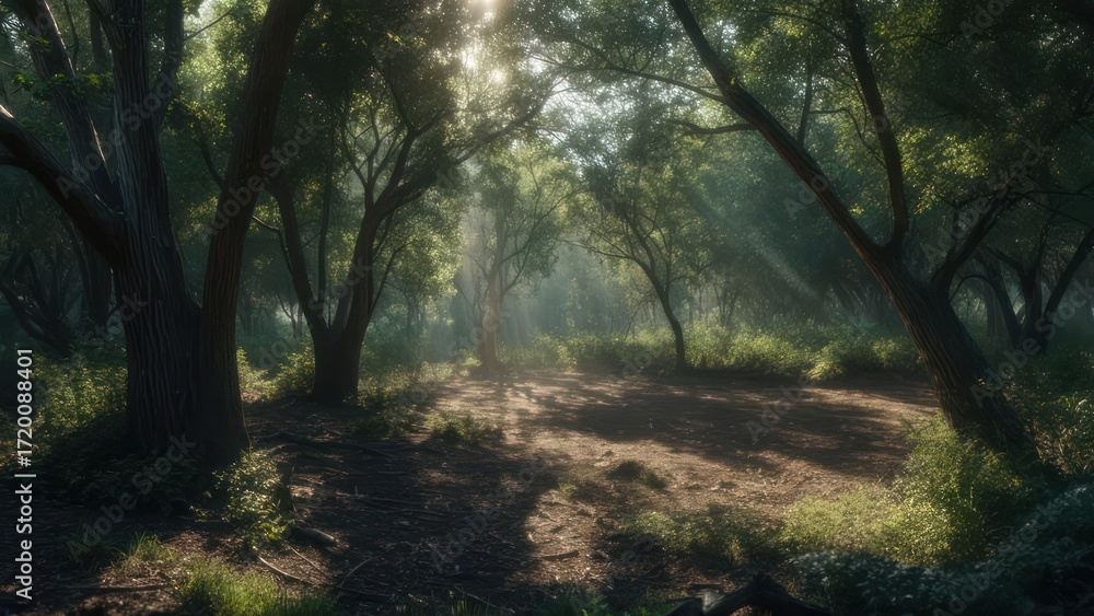 Naklejka premium Sunlight streams through lush green forest canopy illuminating a peaceful clearing, creating a serene natural sanctuary for exploration and tranquility.
